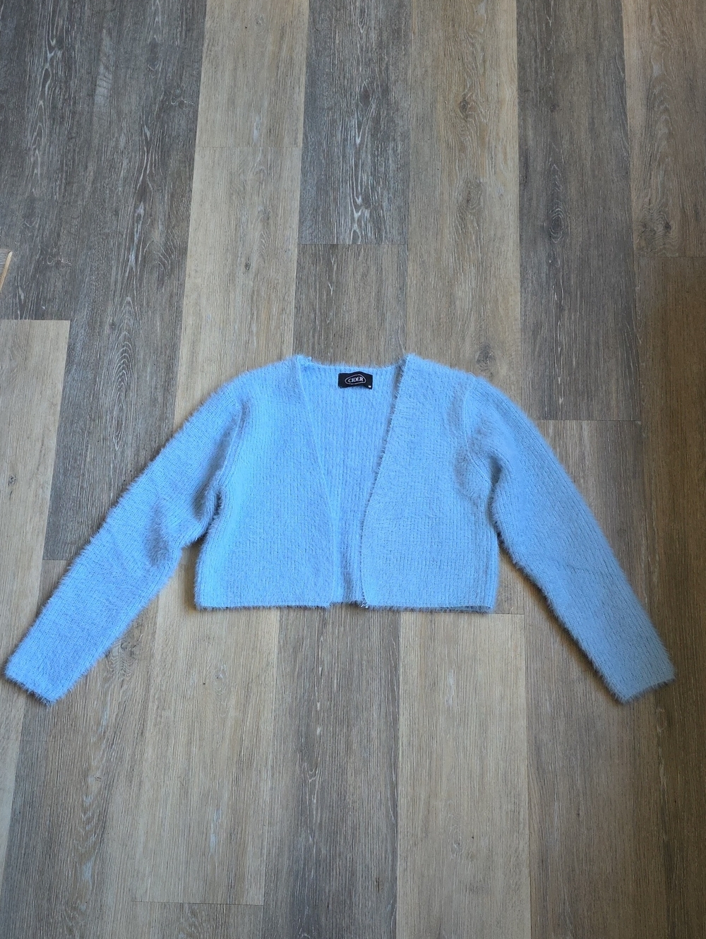 Cider Light Blue Fuzzy Cropped Cardigan